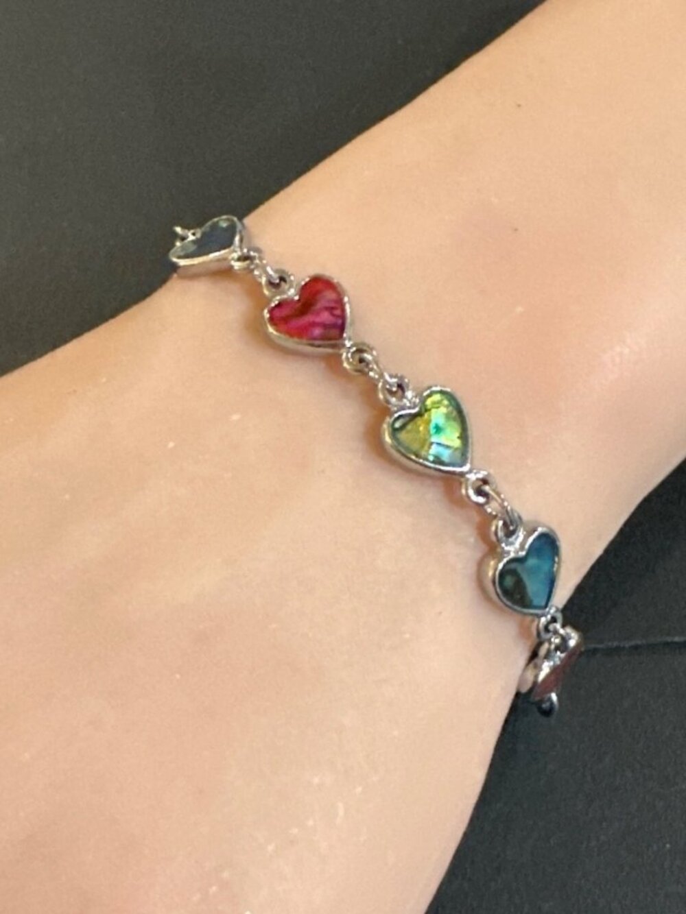 Link Bracelet Silver Toned and Multi-colored Abalone or Paua Shell Heart Inlays